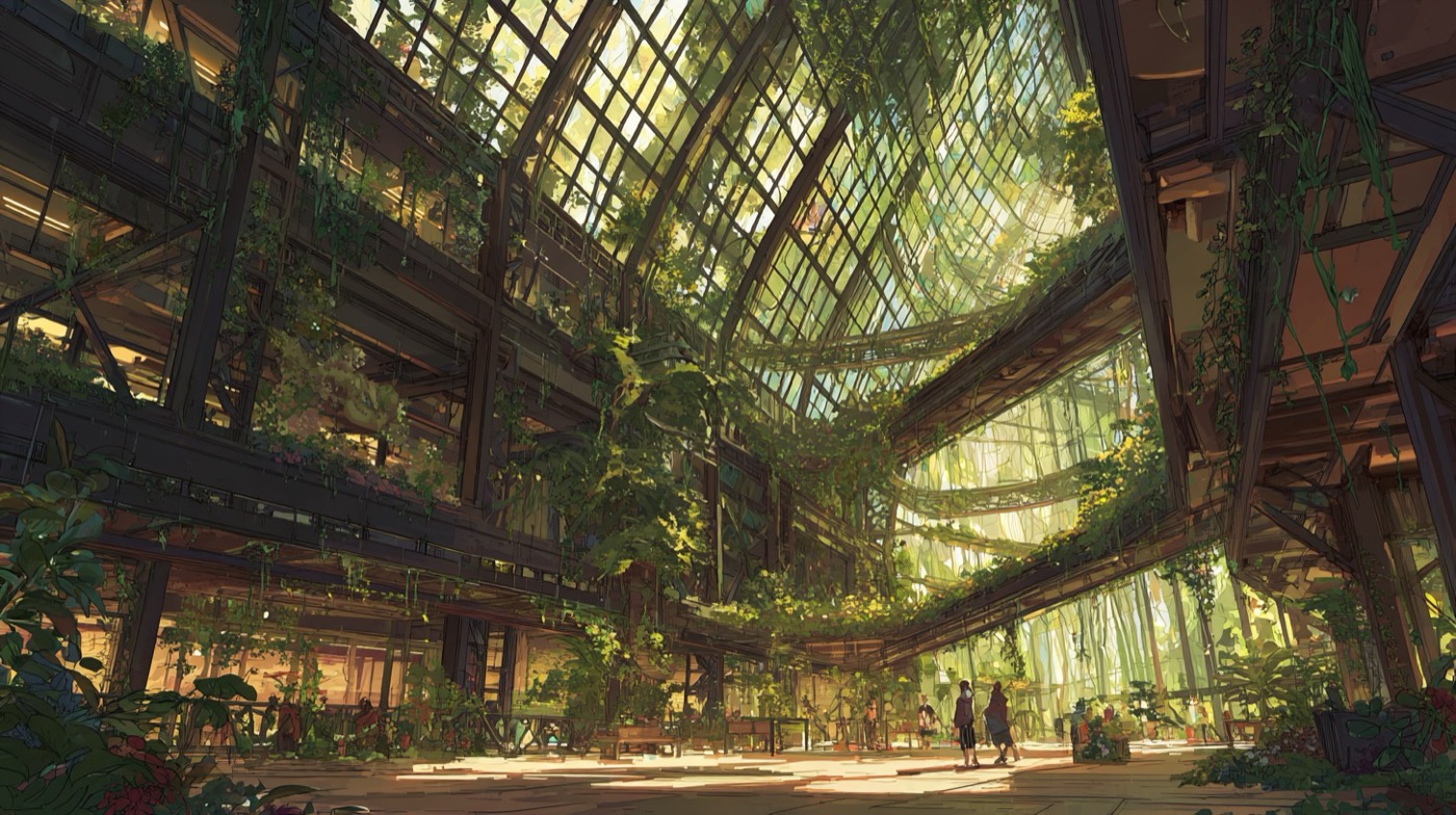 Atrium d'un batiment avec technologies organiques