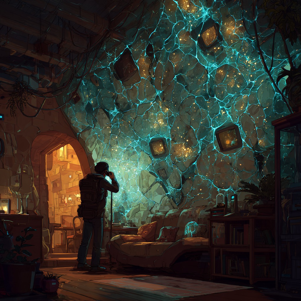 Reseau mycelien visible dans les murs d'un interieur domestique